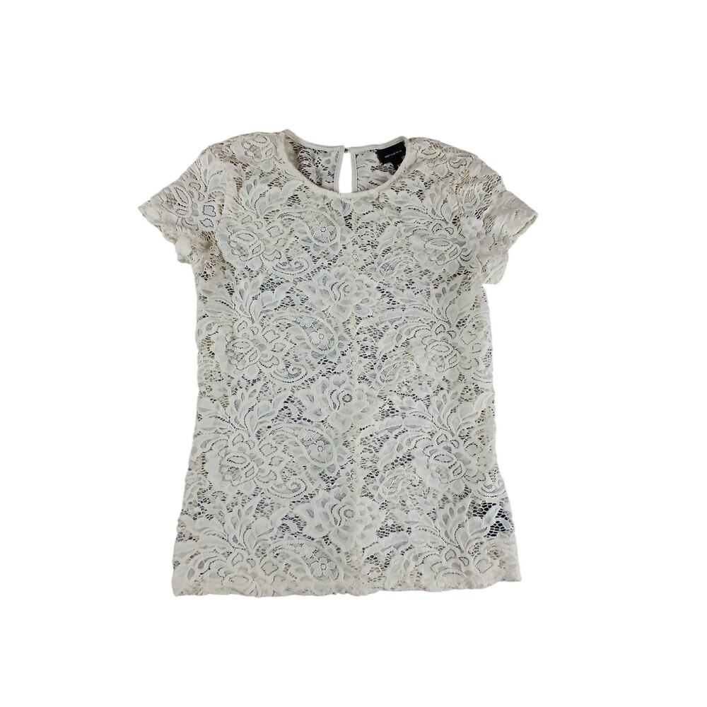 Who What Wear Shirt Womens XS Cream Lace Boho Blouse Top Sheer Floral Tee Shirt